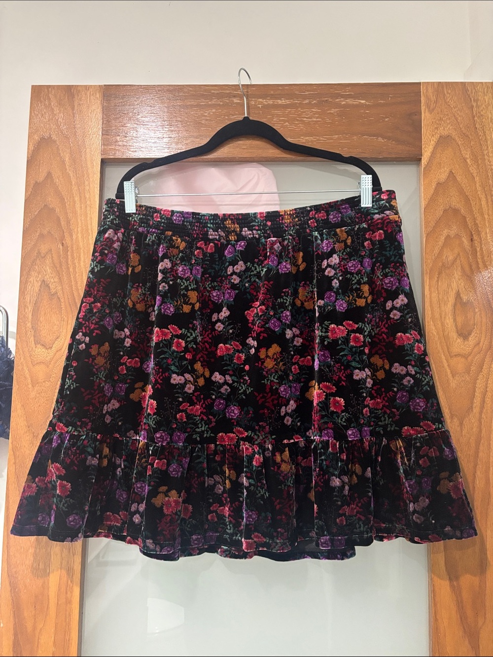 LOFT Black Velvet Floral Ruffle Mini Skirt
